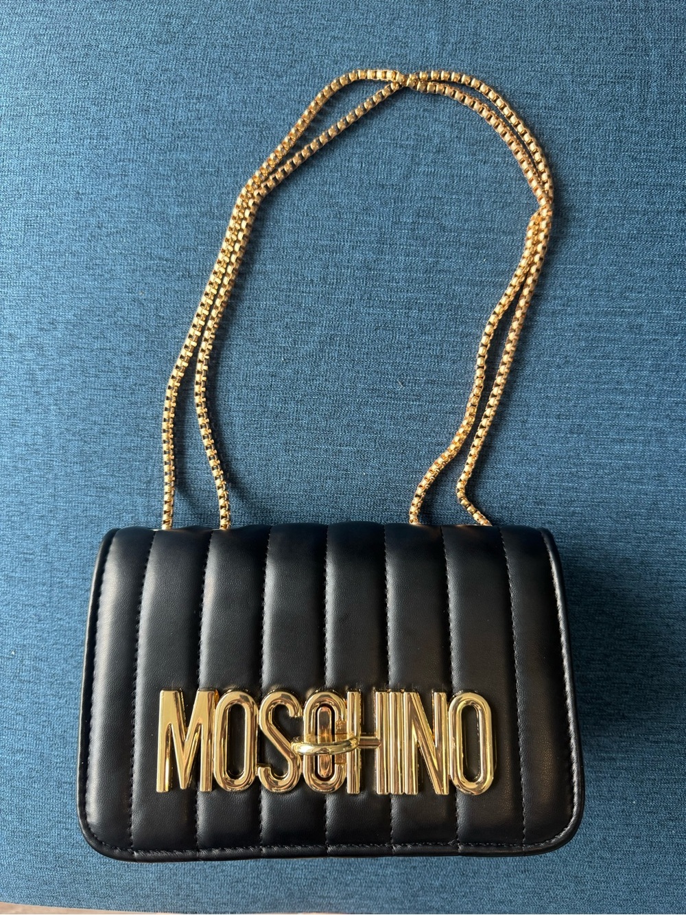 Black Quilted Leather Logo Shoulder Bag with Gold Chain
